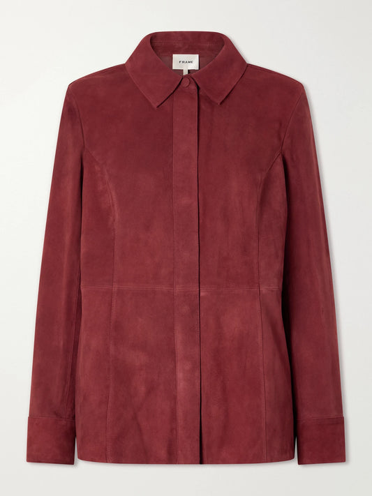 Image of a model wearing Tops. Product name - Paneled Suede Shirt in Red colour by brand - FRAME