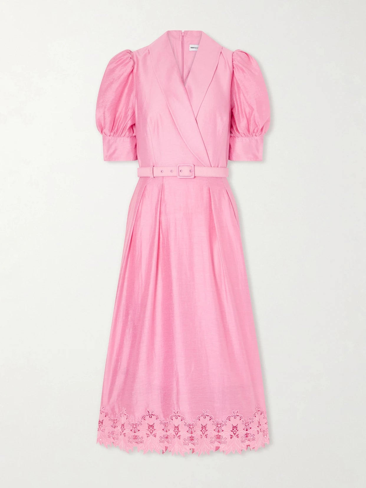 Image of Dresses. Product name - Petalite Belted Broderie Anglaise-trimmed Poplin Midi Dress in Pink colour by brand - Rebecca Vallance