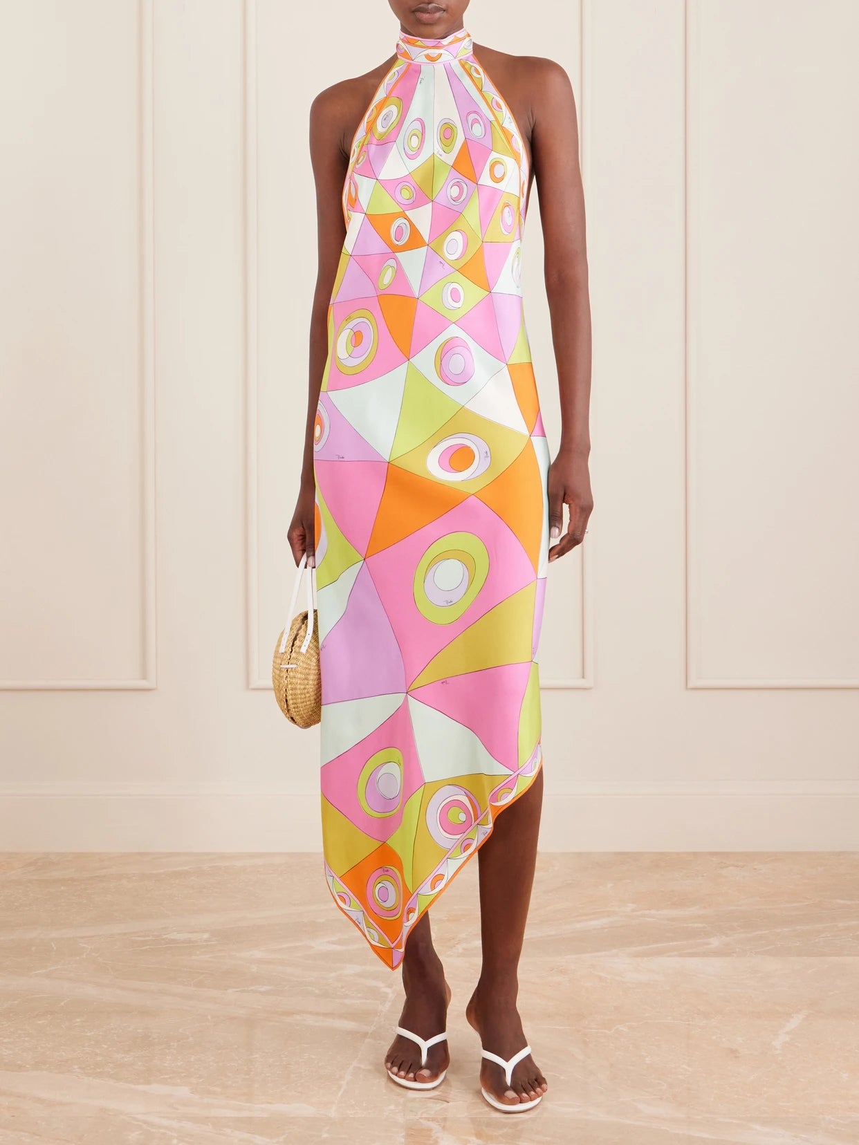 Image of Dresses. Product name - Asymmetric Printed Silk-twill Halterneck Dress in Multi colour by brand - PUCCI