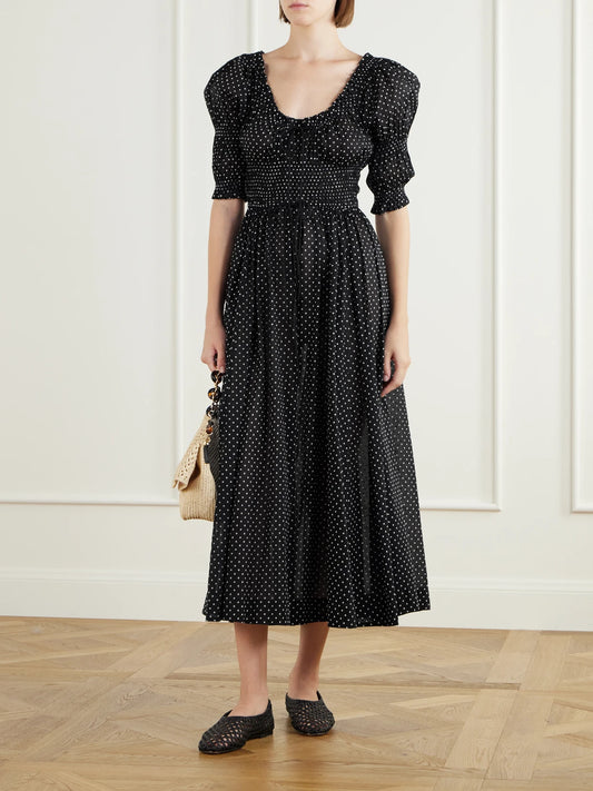 Image of Dresses. Product name - Ischia Polka-dot Organic Cotton-voile Midi Dress in Multi colour by brand - DÔEN