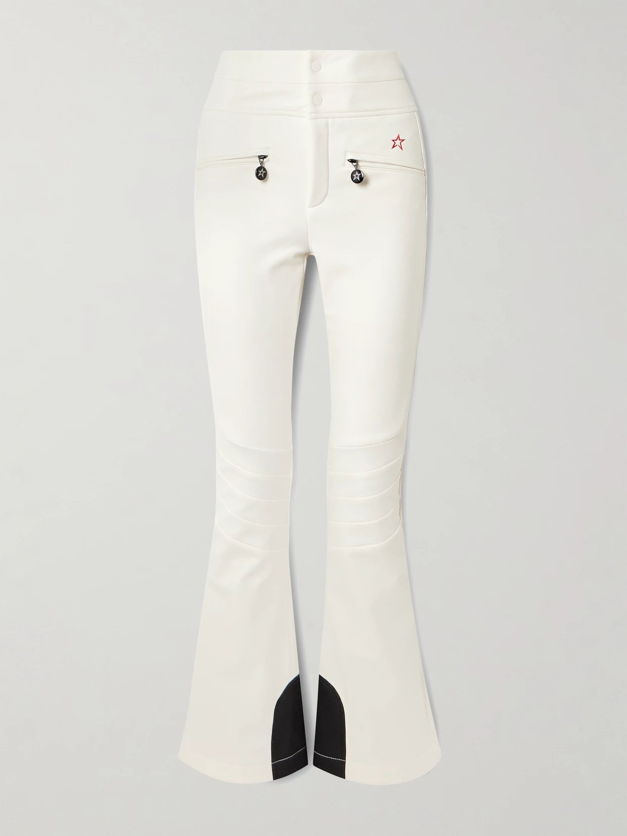 Image of a model wearing Pants. Product name - Aurora Embroidered Bootcut Ski Pants in White colour by brand - Perfect Moment