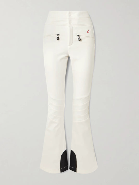 Image of a model wearing Pants. Product name - Aurora Embroidered Bootcut Ski Pants in White colour by brand - Perfect Moment