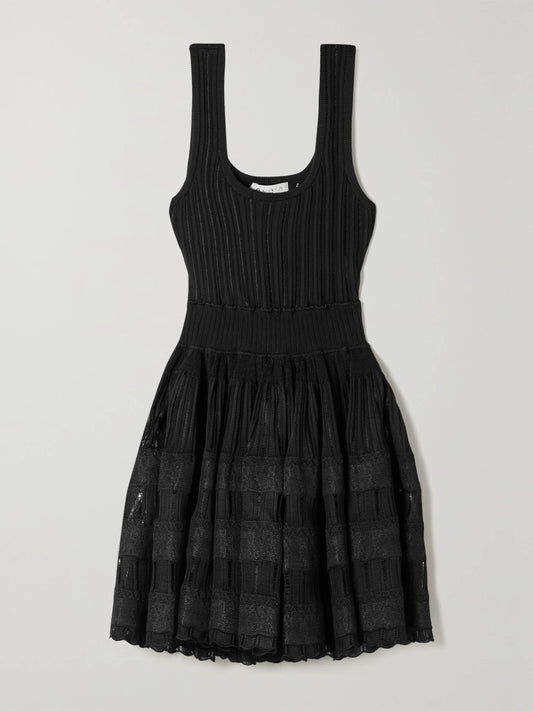 Image of Dresses. Product name - Ribbed Pointelle-knit Mini Dress in Black colour by brand - Alaïa