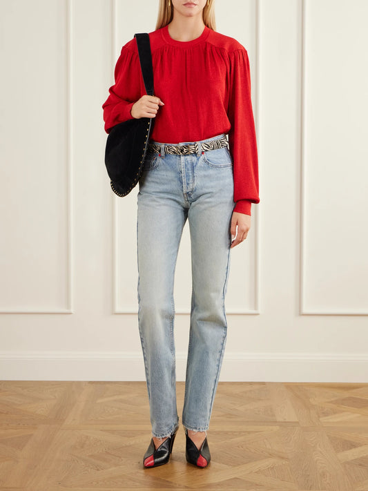 Image of a model wearing Outerwear. Product name - Enza Gathered Sweater in Black colour by brand - ISABEL MARANT