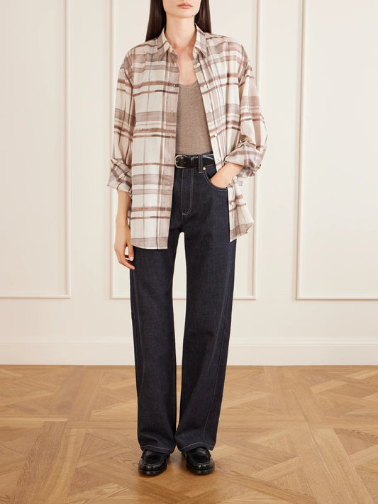 Image of a model wearing Outerwear. Product name - Ribbed-knit Tank in Brown colour by brand - Brunello Cucinelli