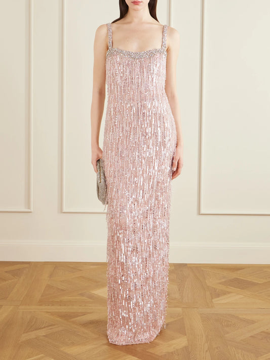 Image of Dresses. Product name - Fleur Crystal-embellished Sequined Tulle Gown in Pink colour by brand - Jenny Packham