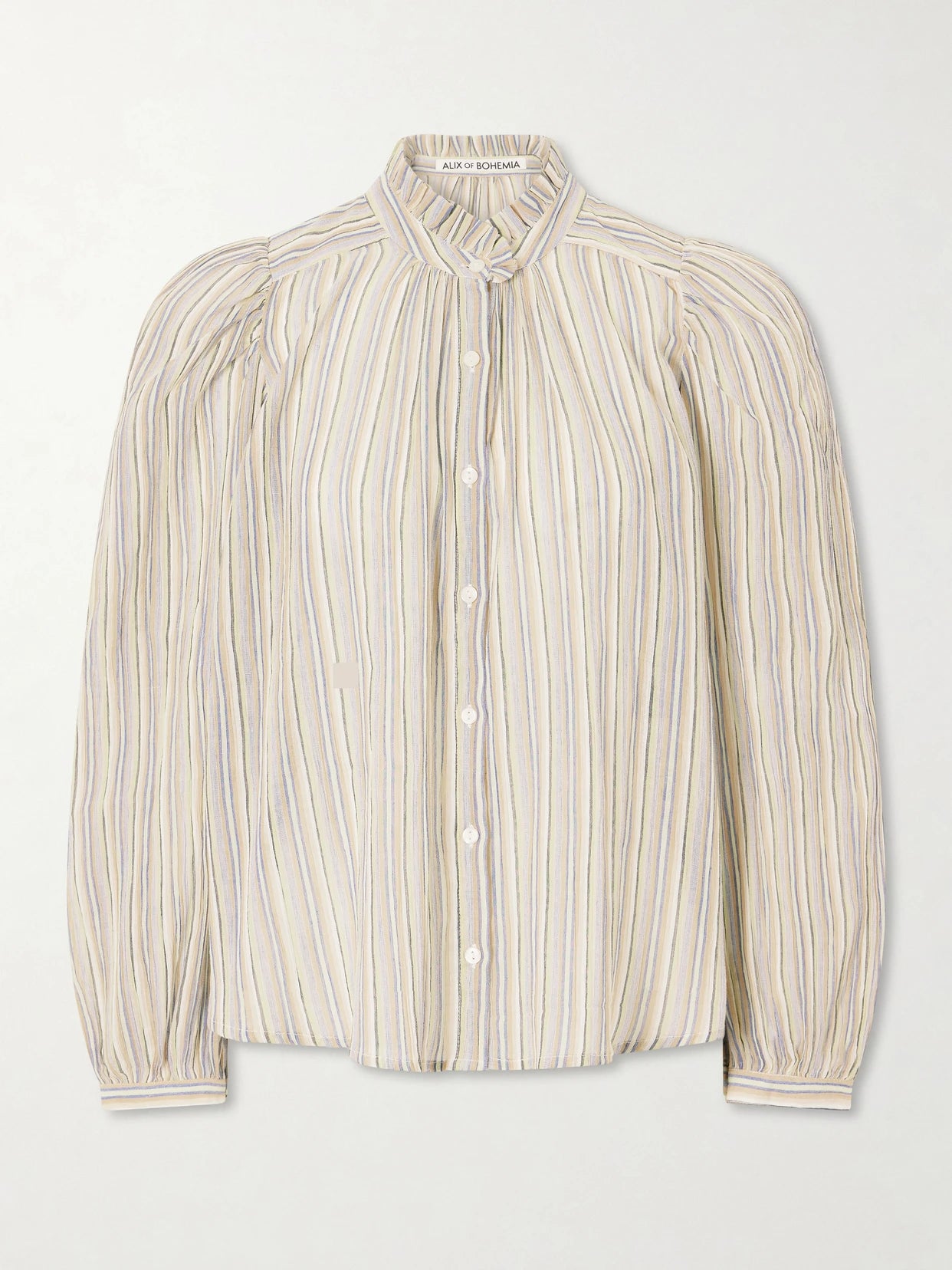 Image of a model wearing Tops. Product name - Annabel Sandlilt Striped Cotton-voile Blouse in Unknown colour by brand - ALIX OF BOHEMIA