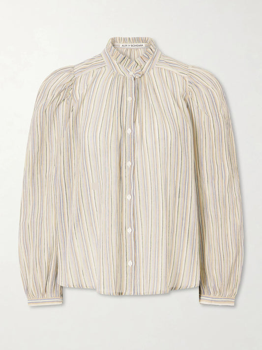 Image of a model wearing Tops. Product name - Annabel Sandlilt Striped Cotton-voile Blouse in Unknown colour by brand - ALIX OF BOHEMIA