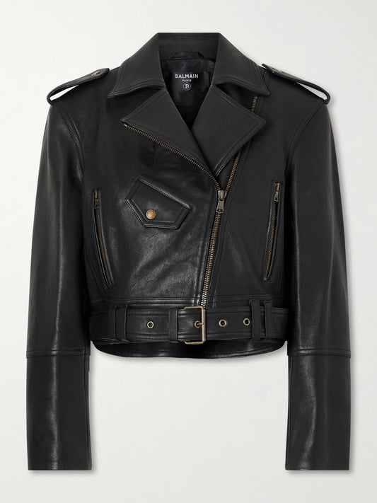 Image of Coats & Jackets. Product name - Cropped Belted Leather Biker Jacket in Black colour by brand - Balmain