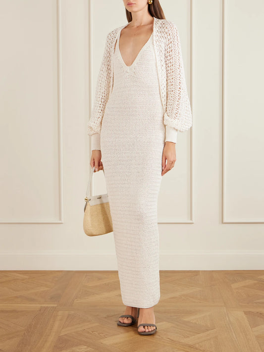 Image of Dresses. Product name - Crocheted Maxi Dress in Off-white colour by brand - Balmain