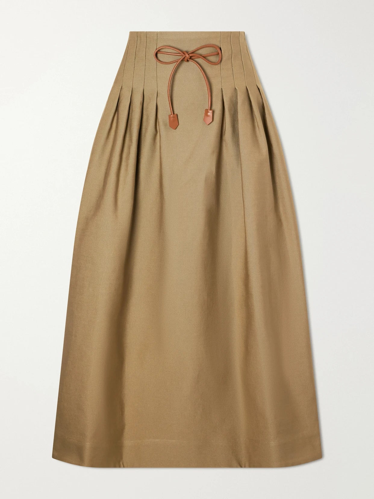 Mxmtempio Belted Pleated Leather-trimmed Cotton Midi Skirt