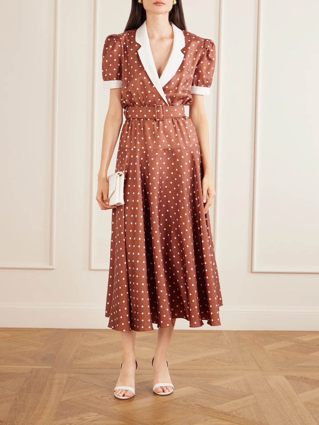 Image of Dresses. Product name - Belted Pleated Polka-dot Crepe-trimmed Silk-twill Midi Dress in Brown colour by brand - Rodarte