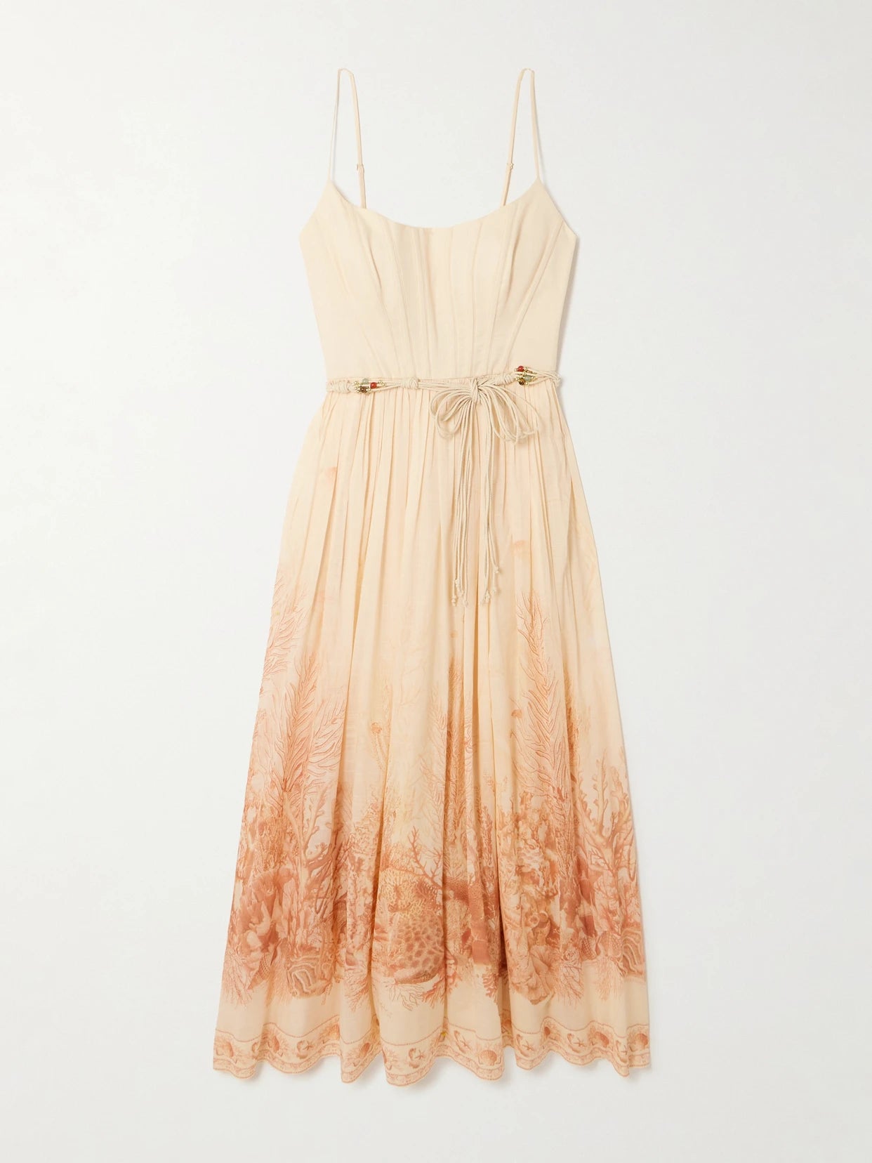 Image of Dresses. Product name - Wanderlust Gathered Printed Cotton-voile Midi Dress in Coral colour by brand - Zimmermann