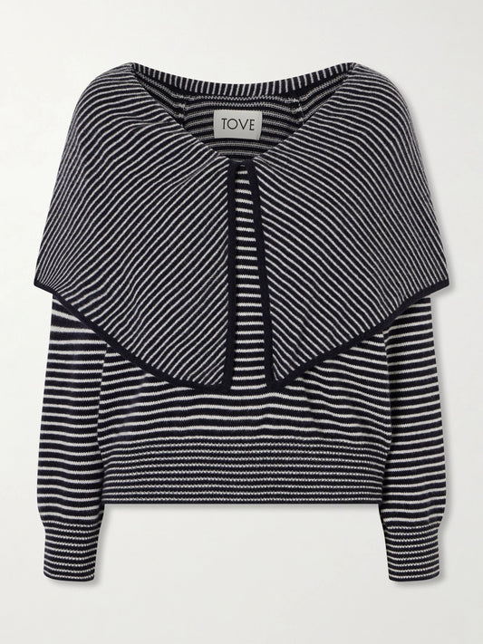 Image of a model wearing Outerwear. Product name - Maia Tiered Striped Cashmere Sweater in Multi colour by brand - TOVE