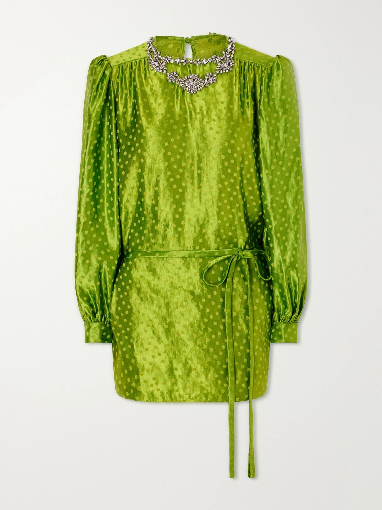Belted Crystal-embellished Polka-dot Devoré Linen And Silk-blend Mini Dress