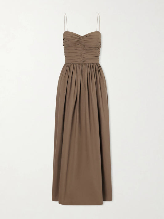 Image of Dresses. Product name - Gathered Organic Cotton-poplin Midi Dress in Brown colour by brand - Matteau