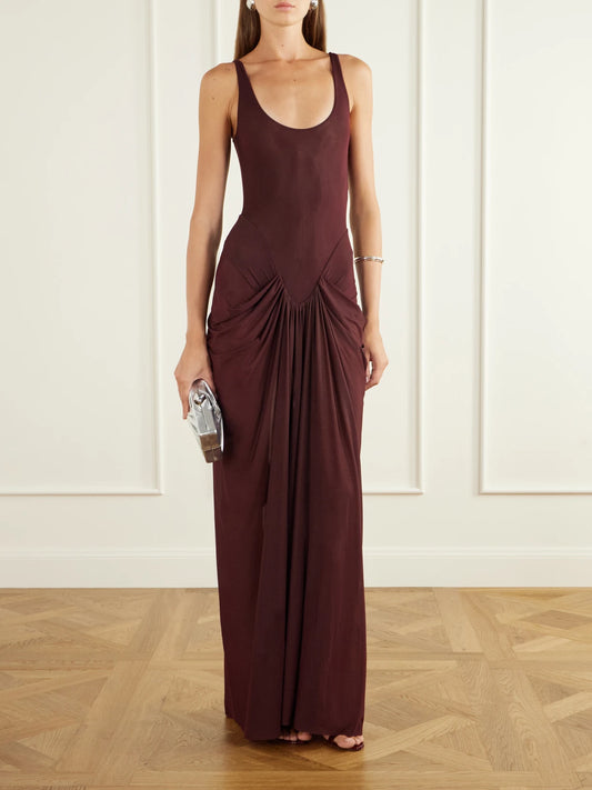 Image of Dresses. Product name - Aria Ruched Jersey Maxi Dress in Burgundy colour by brand - Maygel Coronel
