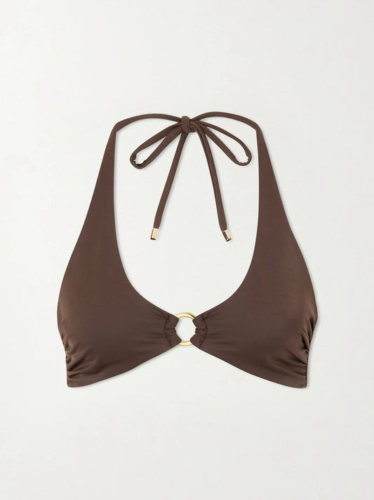 Image of Swimwear. Product name - Sorrento Embellished Bikini Top in Brown colour by brand - Away That Day