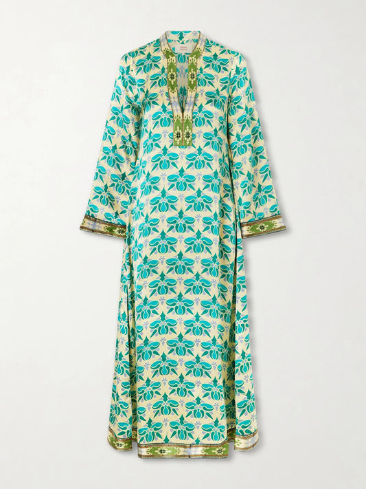 Image of Dresses. Product name - Jenna Jewelry Mare Printed Silk-satin Midi Dress in Turquoise colour by brand - Emporio Sirenuse