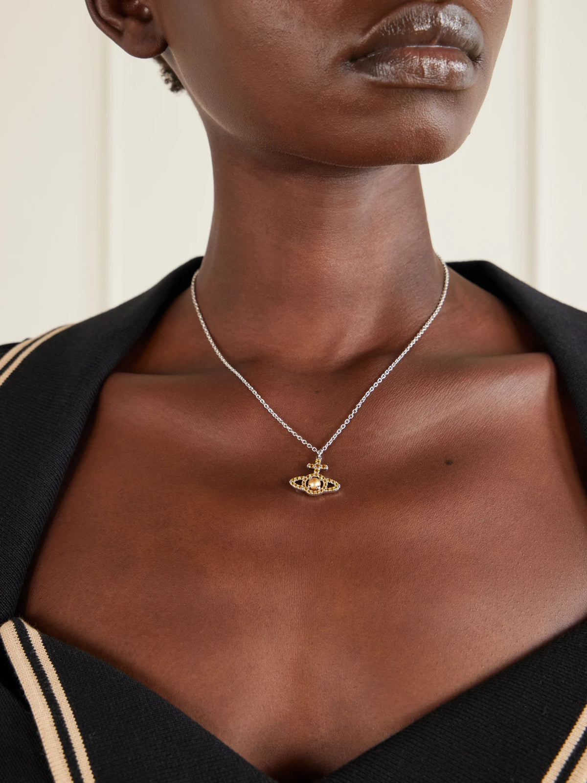 Image of Necklaces. Product name - Olympia Platinum, Crystal And Pearl Necklace in Gold colour by brand - Vivienne Westwood