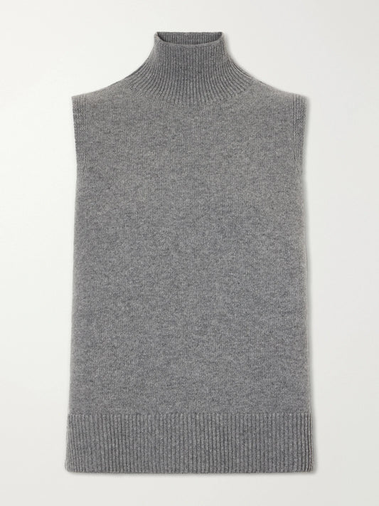 Image of a model wearing Outerwear. Product name - The Bruno Wool And Cashmere-blend Turtleneck Tank in Gray colour by brand - Brandon Maxwell