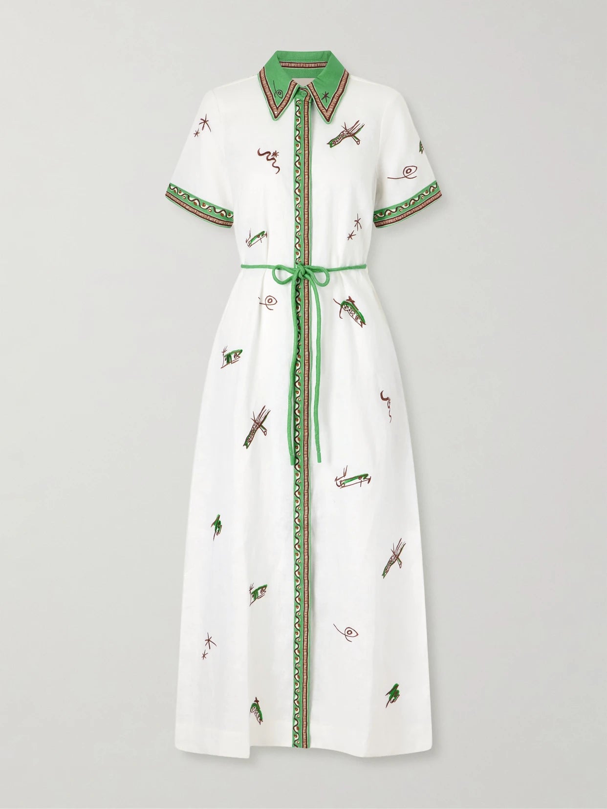 Image of Dresses. Product name - Wanda Belted Embroidered Linen Midi Shirt Dress in Ivory colour by brand - ALÉMAIS