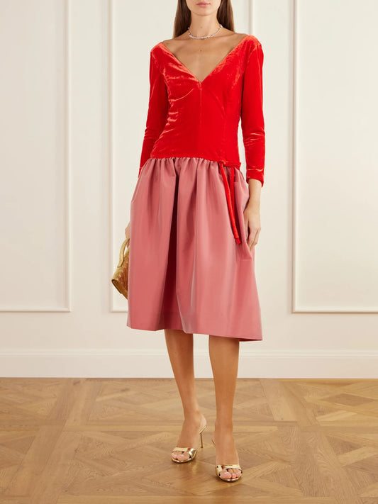 Image of Dresses. Product name - Inez Bow-detailed Gathered Velvet And Taffeta Midi Dress in Multi colour by brand - BERNADETTE
