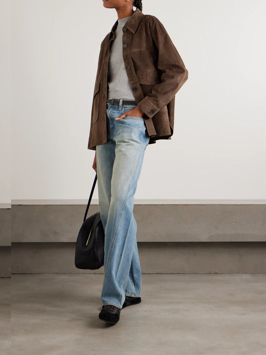 Image of Coats & Jackets. Product name - Kaylee Oversized Paneled Suede Jacket in Chocolate colour by brand - ARMA