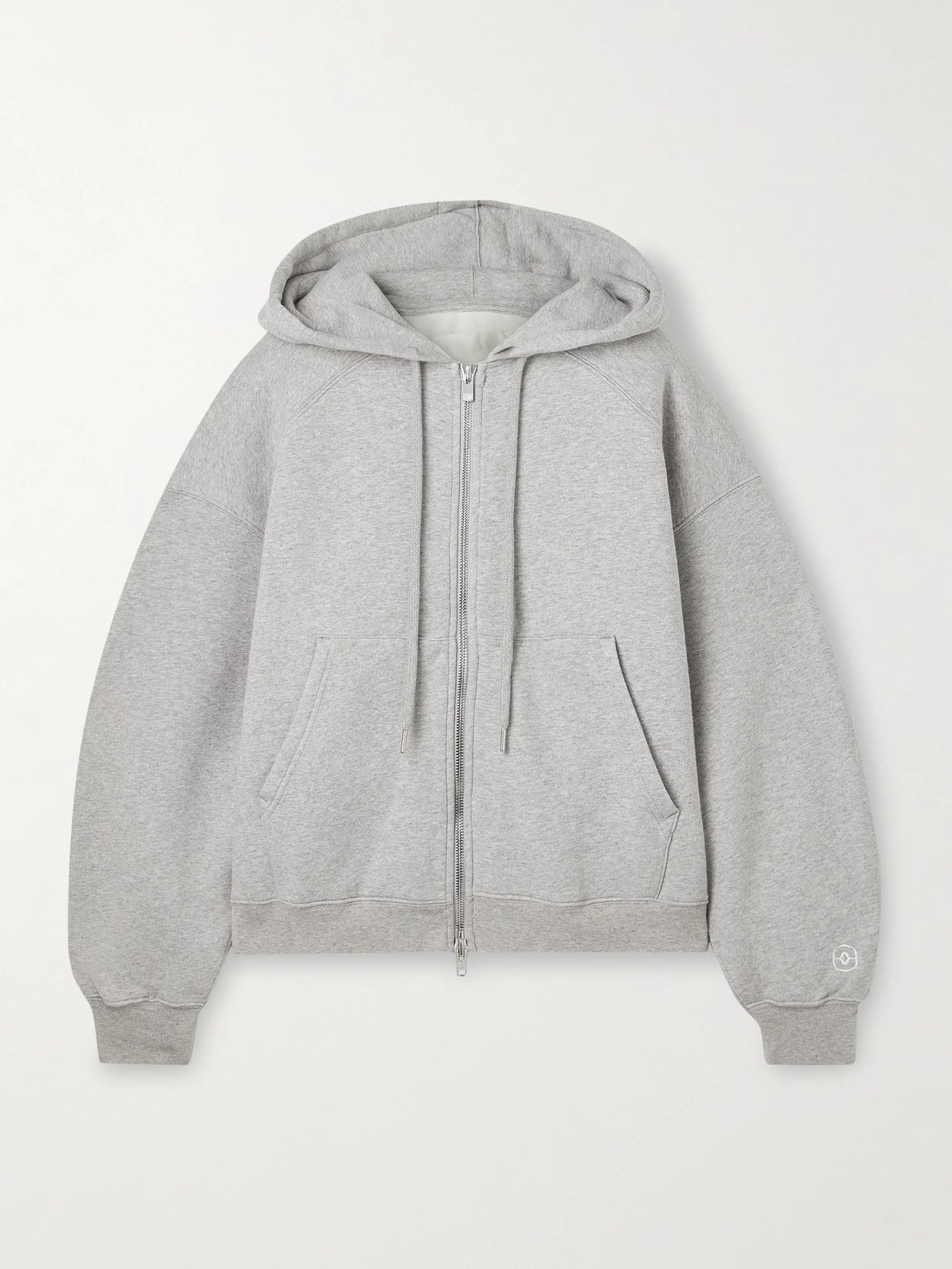 Image of a model wearing Tops. Product name - The Scott Organic Cotton-jersey Hoodie in Gray colour by brand - RÙADH