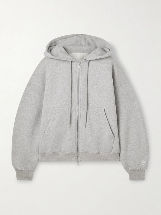 Image of a model wearing Tops. Product name - The Scott Organic Cotton-jersey Hoodie in Gray colour by brand - RÙADH