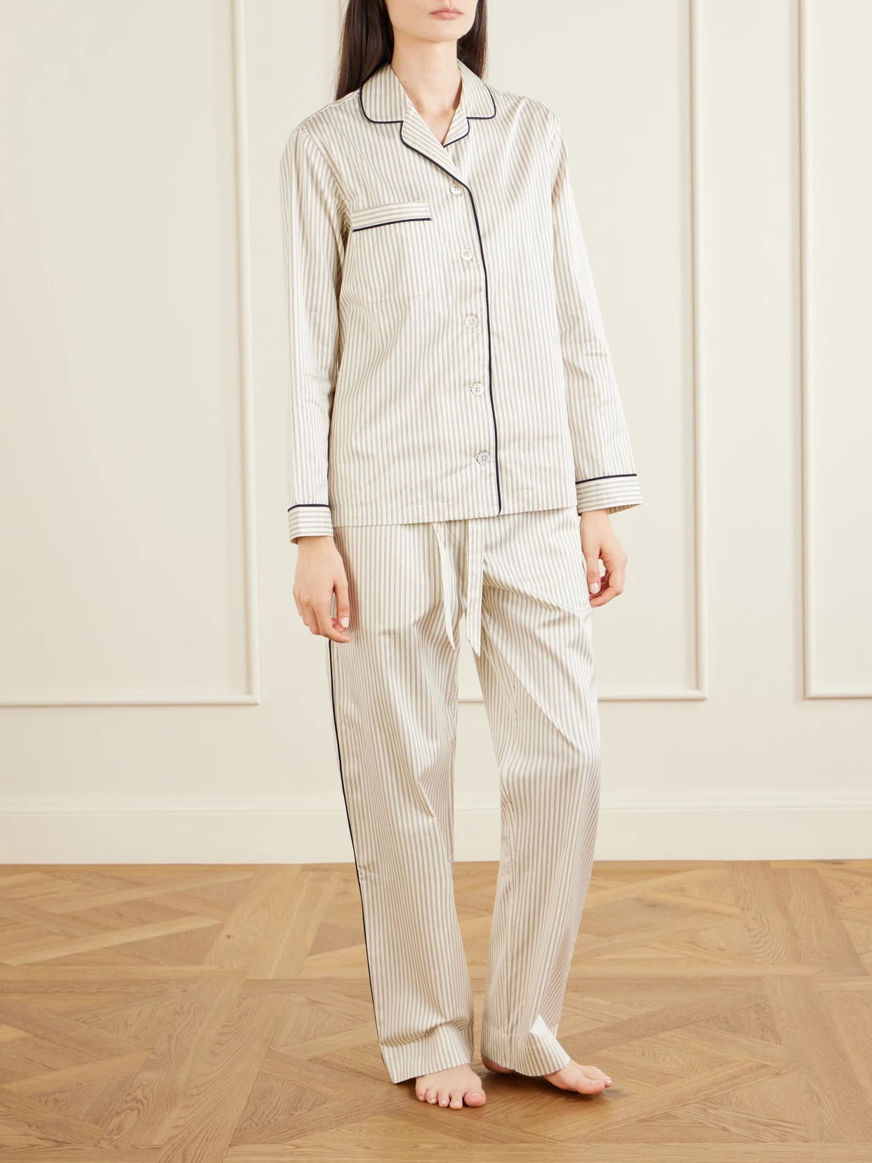 Image of Lingerie. Product name - Sateen Striped Organic Cotton-poplin Pajama Pants in Unknown colour by brand - TEKLA