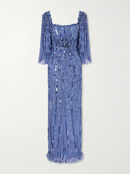 Image of Dresses. Product name - Sequin-embellished Tulle Gown in Blue colour by brand - Jenny Packham