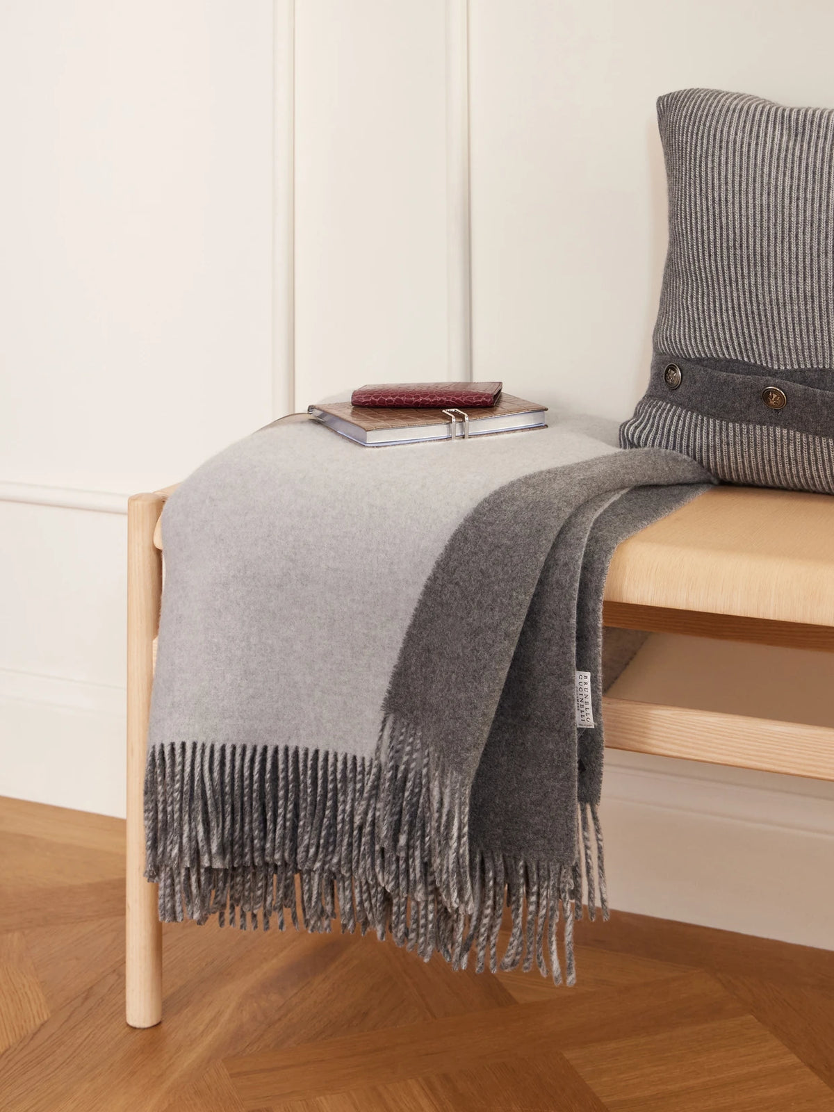 Image of Chair & Sofa Cushions. Product name - Fringed Cashmere Blanket in Gray colour by brand - Brunello Cucinelli