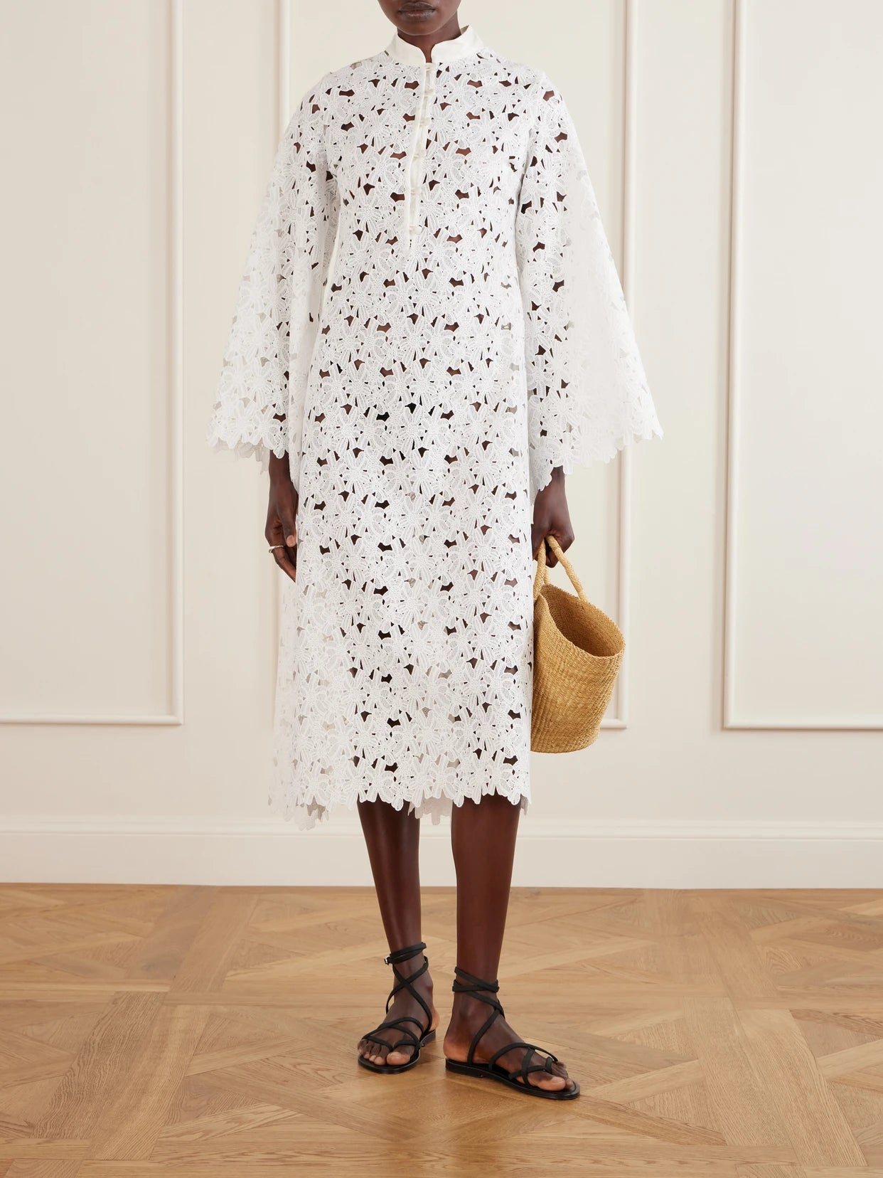 Image of Dresses. Product name - Eleonora Floral-embroidered Silk-trimmed Broderie Anglaise Kaftan in White colour by brand - Cristiano Marcheli