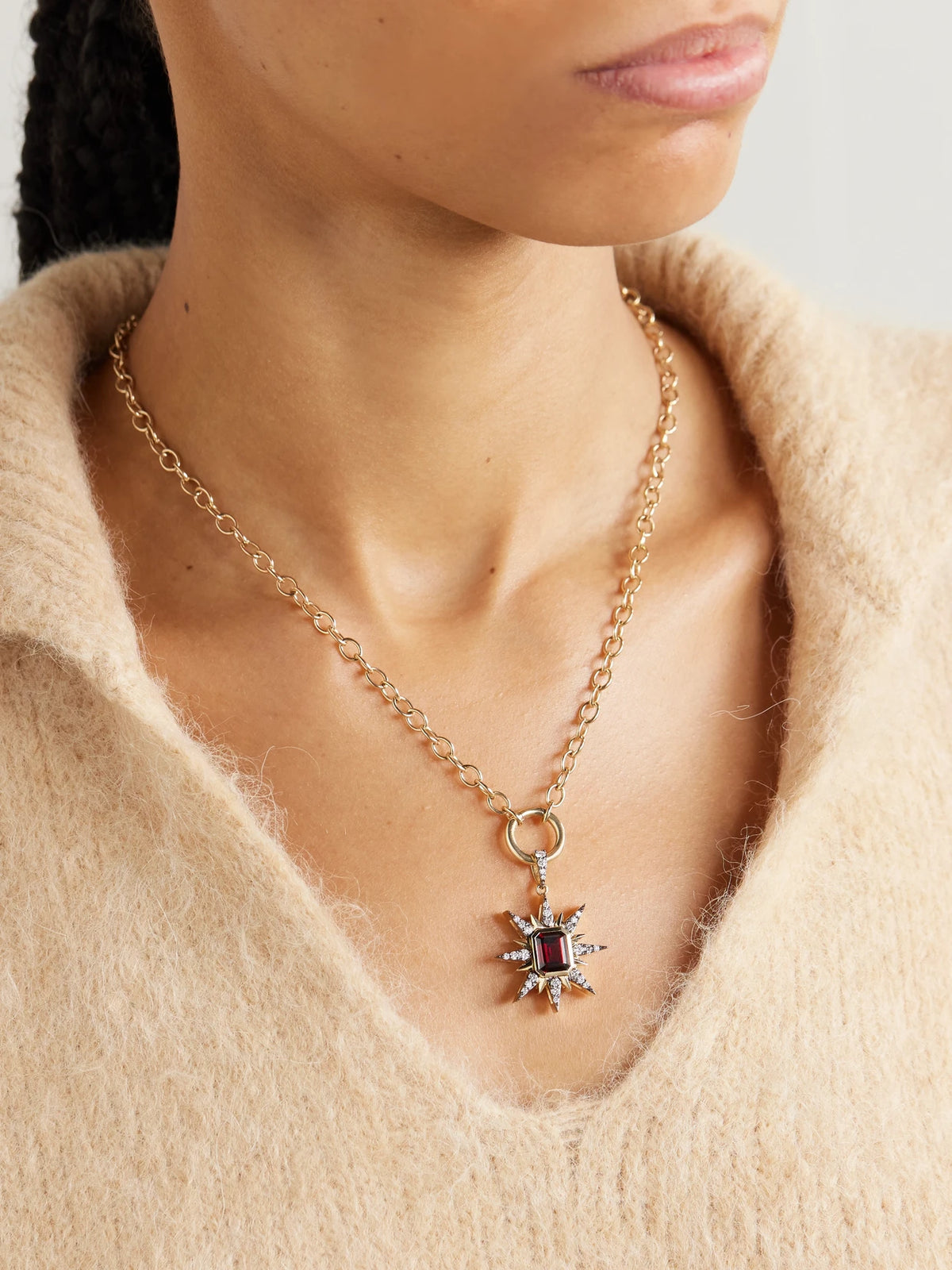 Image of Necklaces. Product name - Starburst 14-karat Gold, Rhodium-plated, Diamond And Garnet Necklace in Red colour by brand - Marlo Laz