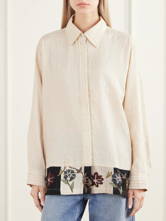 Kartik Research Chintz Bead-embellished Floral-embroidered Striped Handwoven Silk And Cotton-blend Shirt