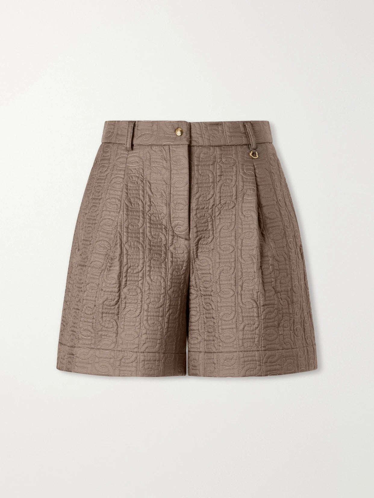 Image of a model wearing Shorts. Product name - Logo-printed Jacquard Shorts in Light brown colour by brand - Moncler