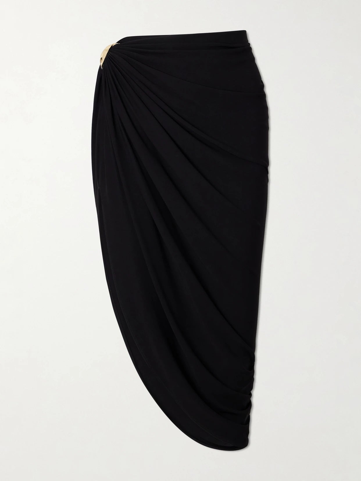 Image of a model wearing Skirts. Product name - Embellished Draped Jersey Midi Skirt in Black colour by brand - Sportmax