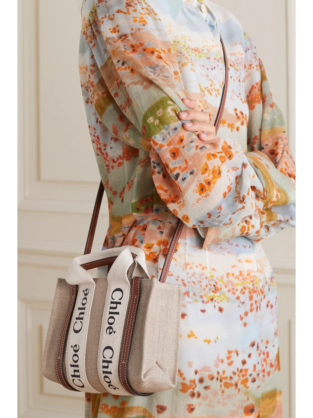 Image of Bags. Product name - + Net Sustain Woody Mini Leather-trimmed Linen Tote in Brown colour by brand - Chloé