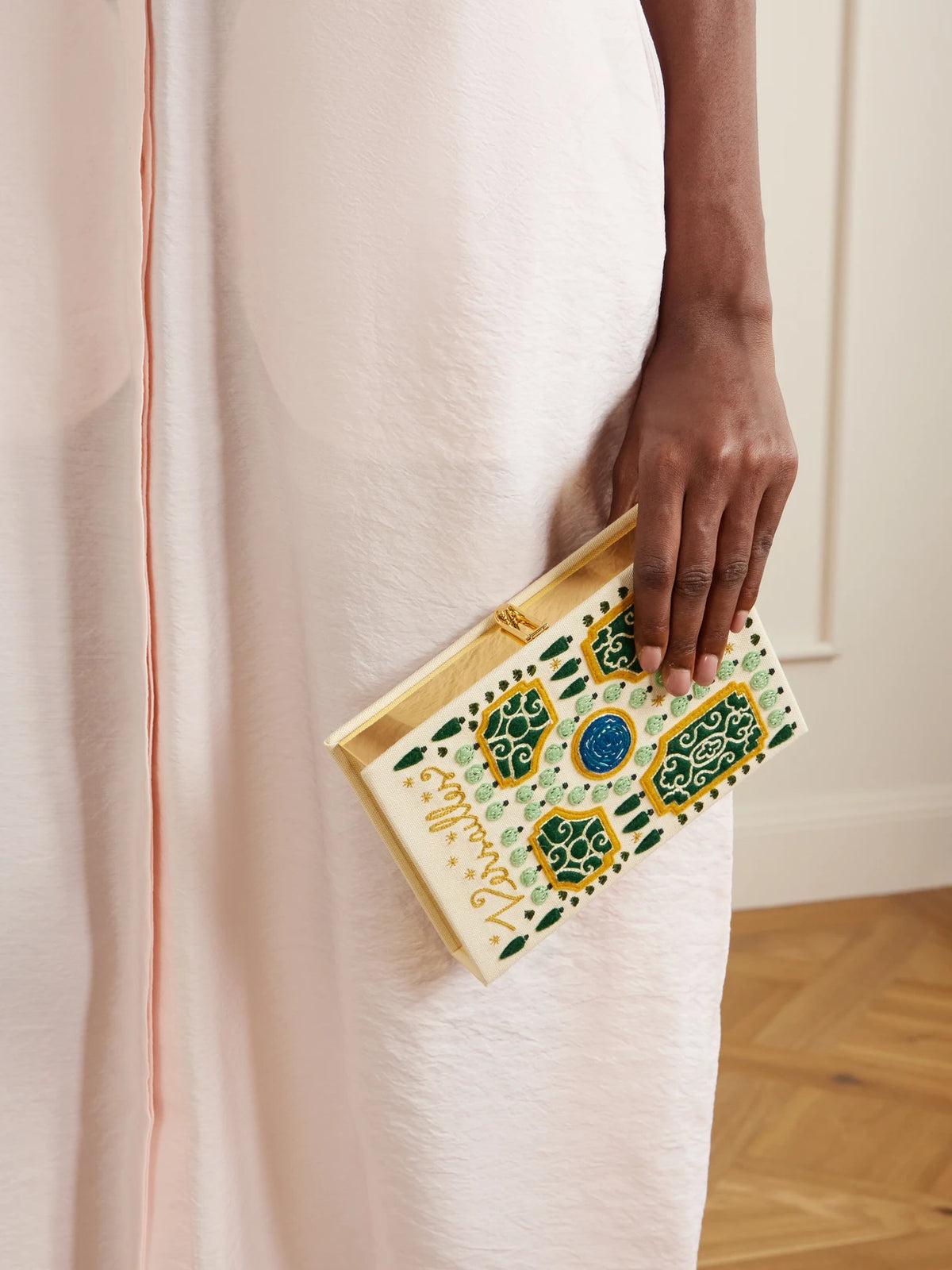 Image of Bags. Product name - Versailles Appliquéd Embroidered Canvas Clutch in Beige colour by brand - Olympia Le-Tan