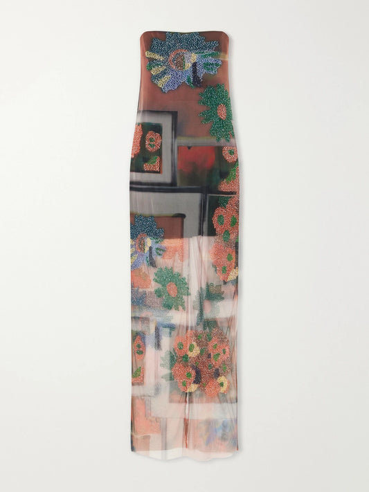 Image of Dresses. Product name - Liliana Beaded Printed Tulle Maxi Dress in Multi colour by brand - STAUD