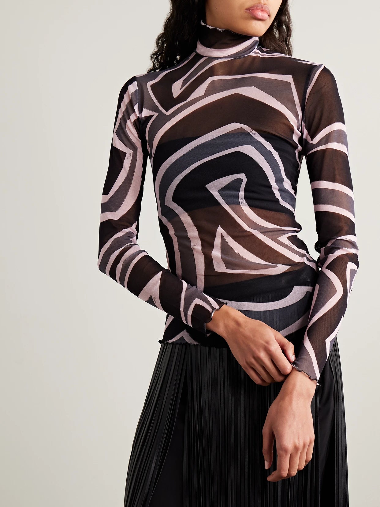 Printed Tulle Turtleneck Top