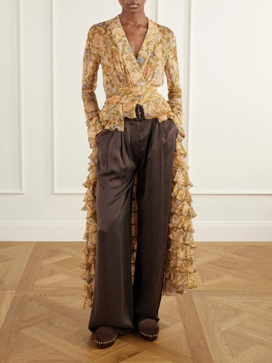 Image of Dresses. Product name - Valiant Tiered Ruffled Floral-print Silk-chiffon Wrap Maxi Dress in Multi colour by brand - Zimmermann
