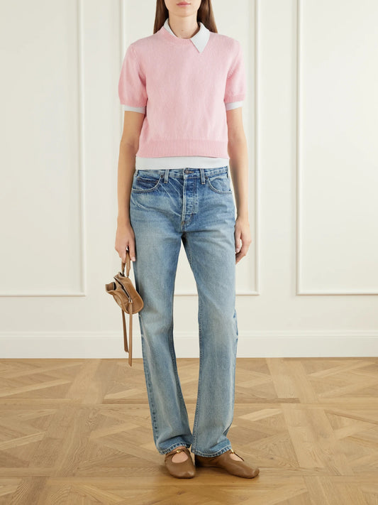 Image of a model wearing Outerwear. Product name - Wicklow Wool Sweater in Pink, Red, Navy colour by brand - &Daughter