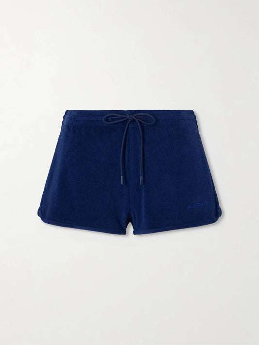 Image of a model wearing Shorts. Product name - Cotton-terry Shorts in Navy colour by brand - Hunza G
