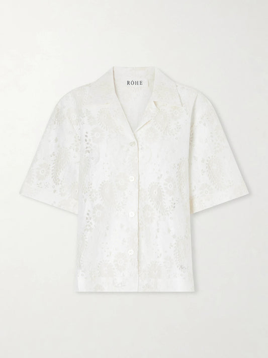Image of a model wearing Tops. Product name - Embroidered Linen-blend Lace Shirt in Cream colour by brand - RÓHE