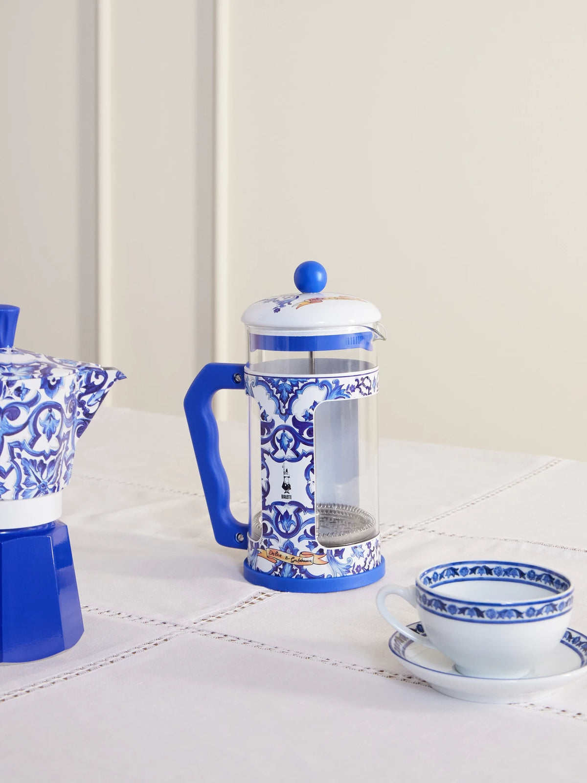 Image of Tableware. Product name - + Bialetti Printed Stainless Steel And Glass French Press in Bright blue colour by brand - Dolce & Gabbana