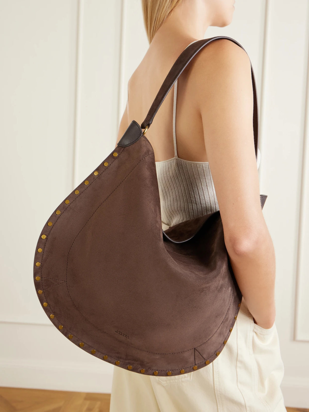 Image of Bags. Product name - Oskan Studded Suede Tote in Brown colour by brand - ISABEL MARANT