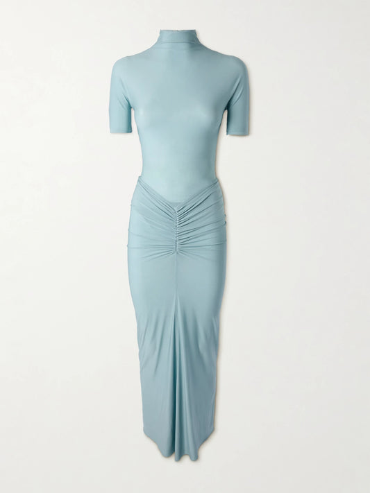 Image of Dresses. Product name - Ruched Stretch-jersey Midi Dress in Turquoise colour by brand - Alaïa