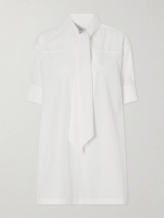 Image of a model wearing Tops. Product name - Tie-detailed Cotton-poplin Blouse in White colour by brand - Dries Van Noten